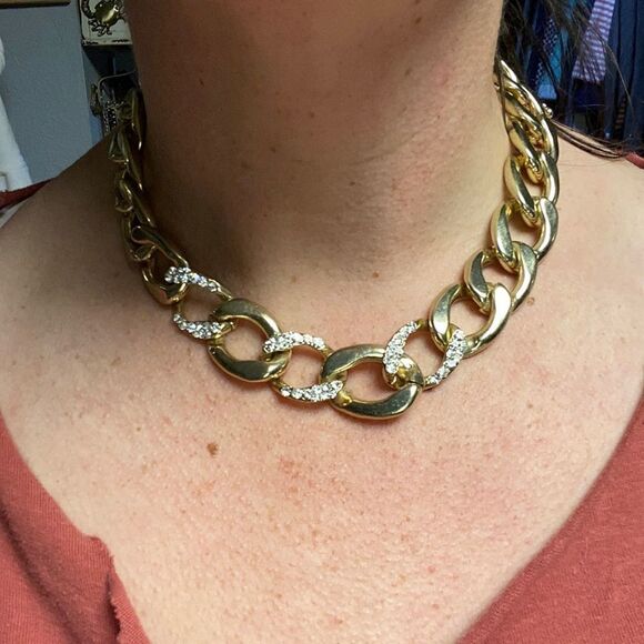 Vintage Chunky Heavy Gold Link Chain Choker Necklace with Pave Diamond Accents - Picture 1 of 5
